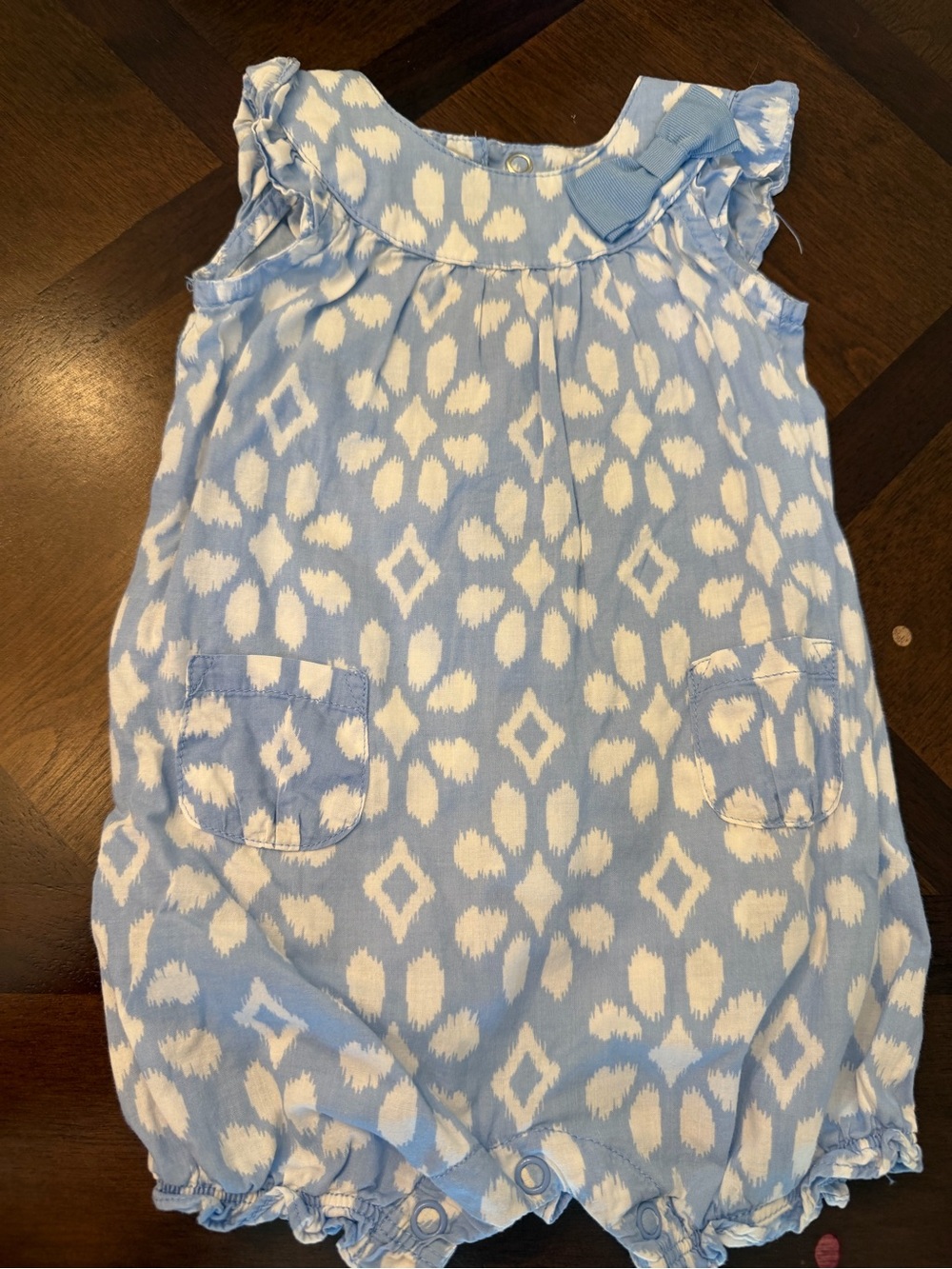 Carter's Light Blue & White Patterned Sleeveless Romper with Ruffle Shoulders